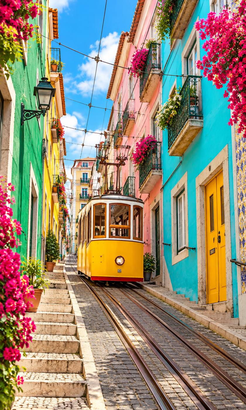 Bonde amarelo em rua colorida de Lisboa