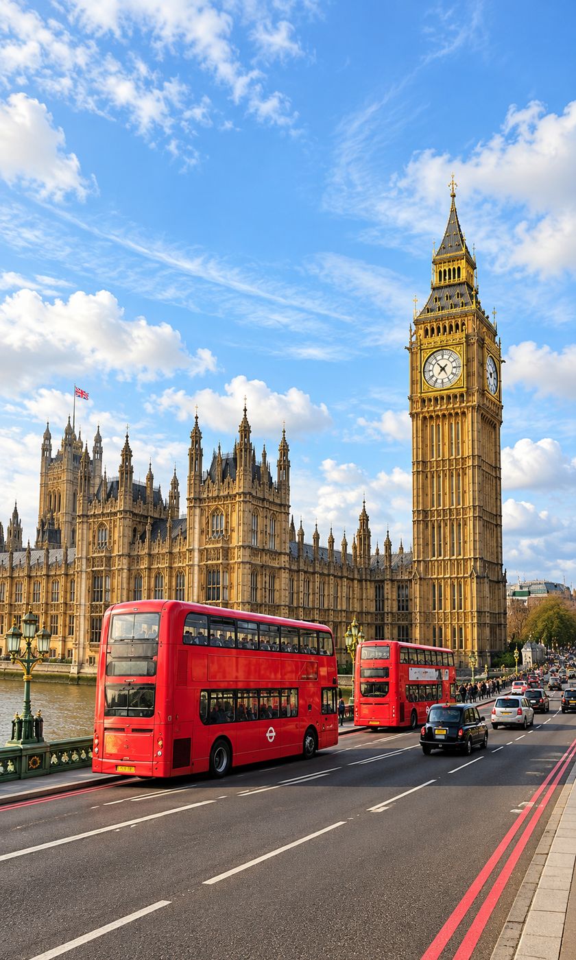 Big Ben e Palácio de Westminster com ônibus vermelhos