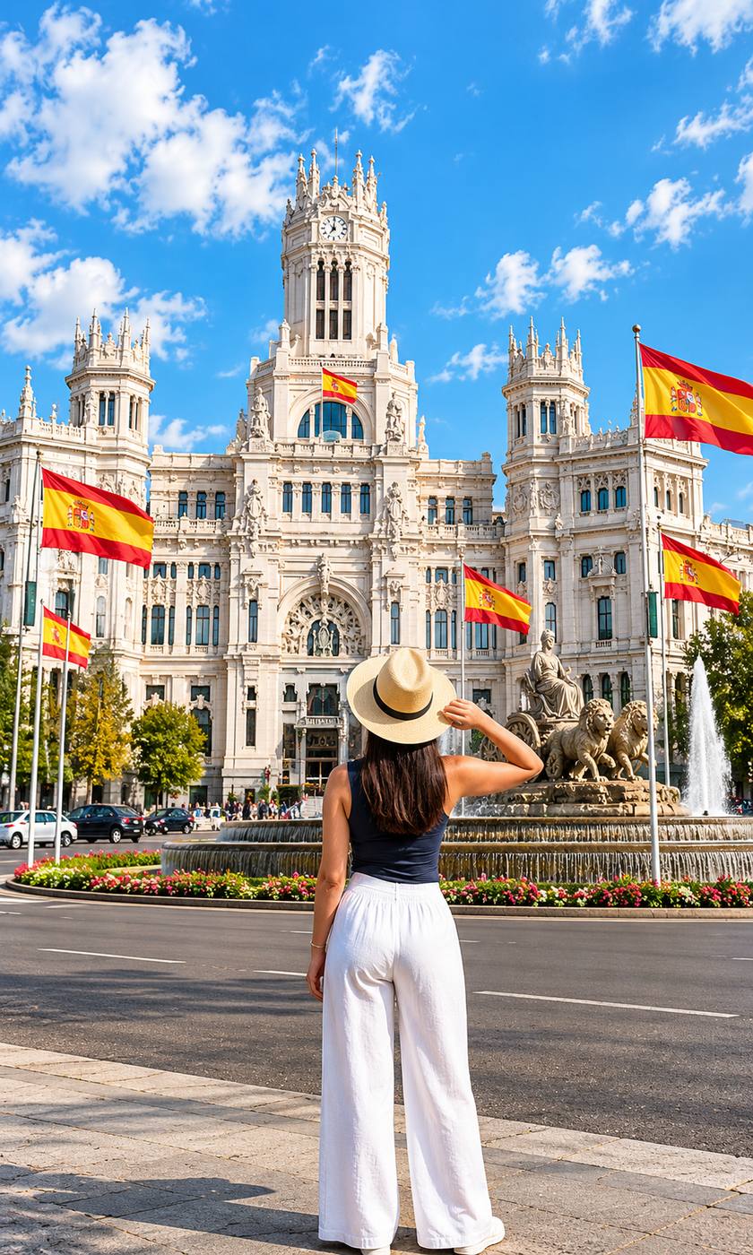 Viajante diante do Palácio de Cibeles em Madri