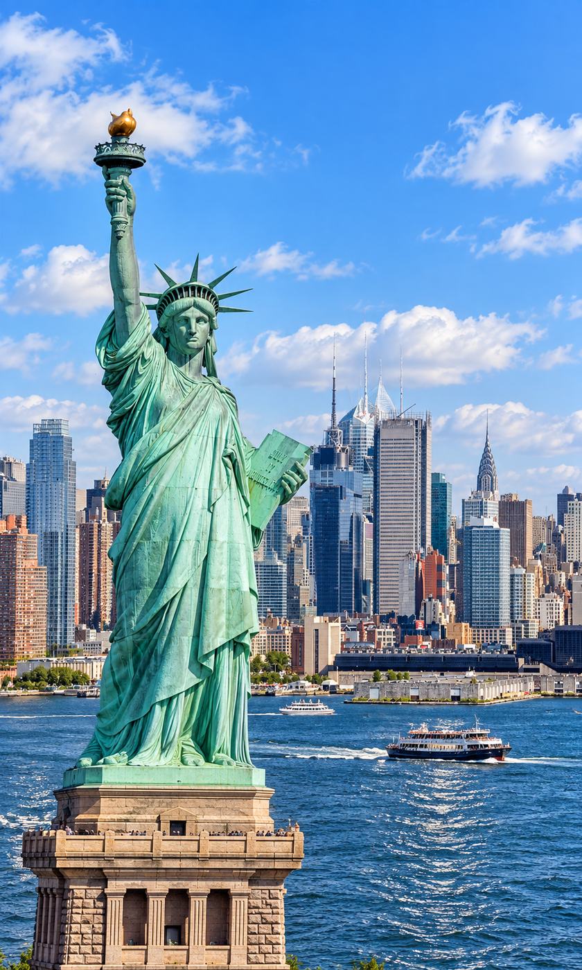 Estátua da Liberdade com o skyline de Manhattan ao fundo