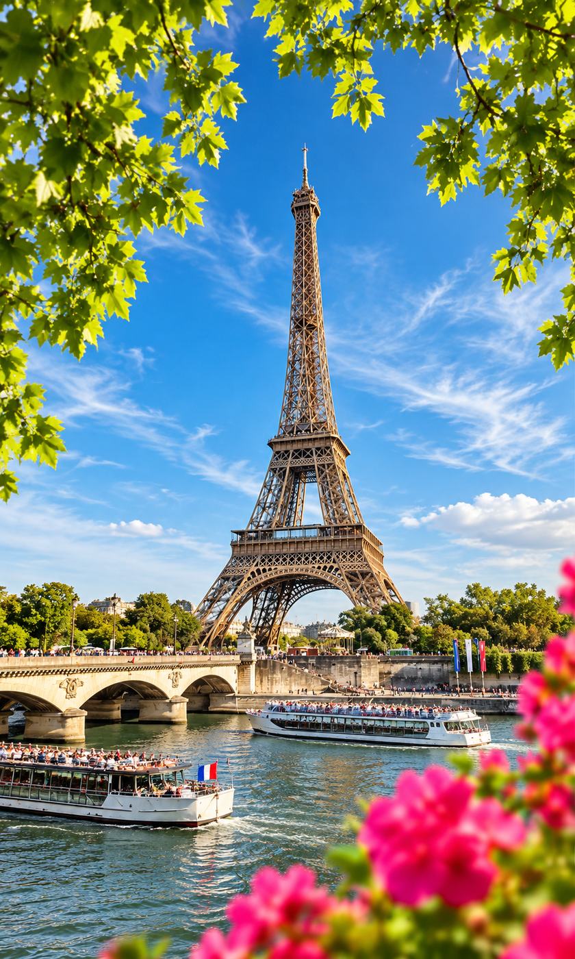 Torre Eiffel vista do Rio Sena com barcos turísticos