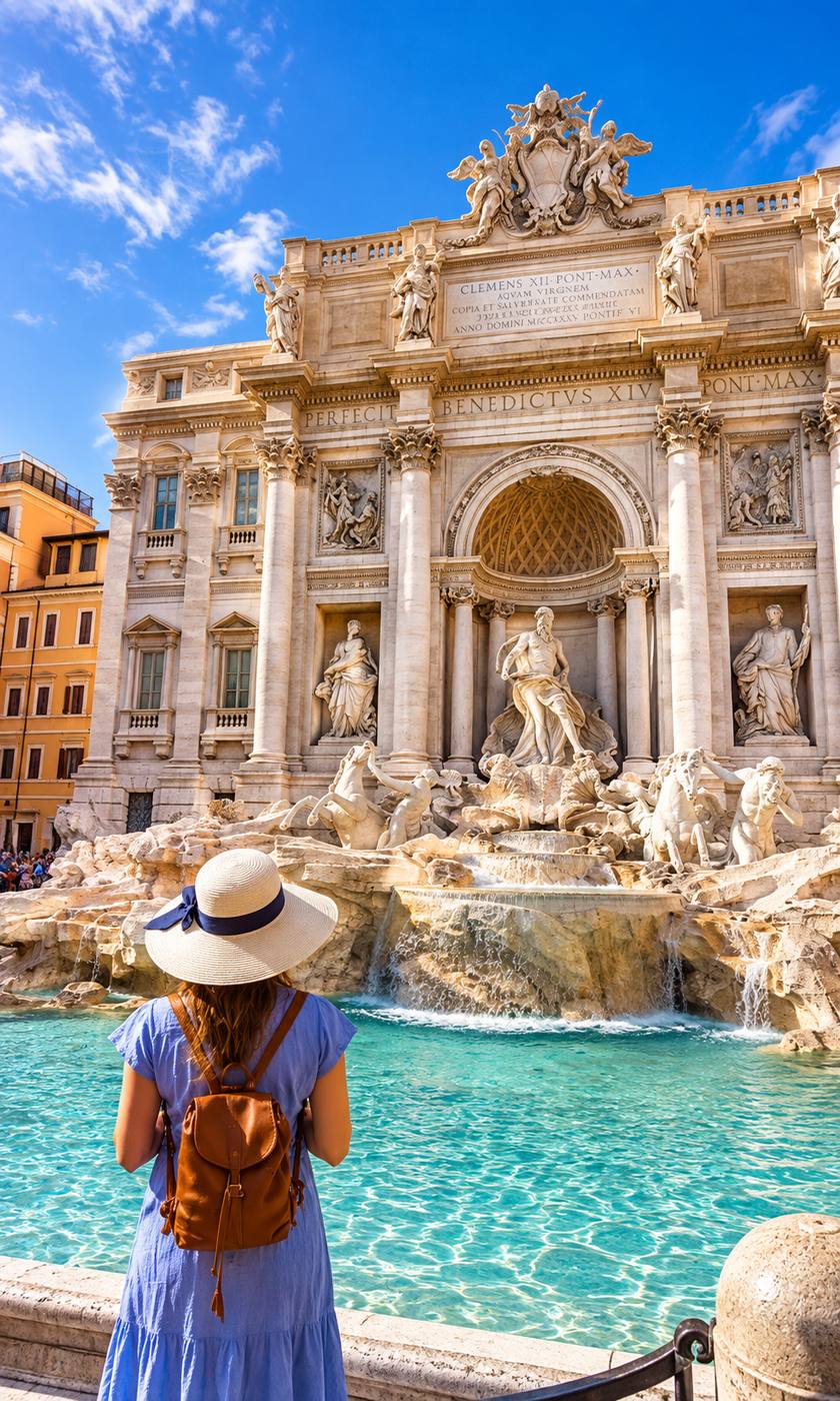 Viajante diante da Fontana di Trevi em Roma
